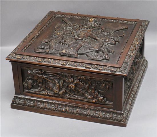 A late Victorian heavily carved oak document box approx. 37 x 37cm